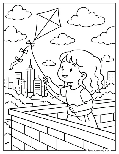 Rooftop Kite Fun Coloring Page