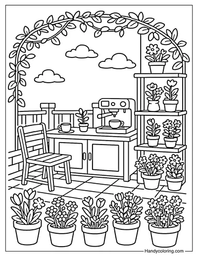 Rooftop Secret Flower Cafe Coloring Page