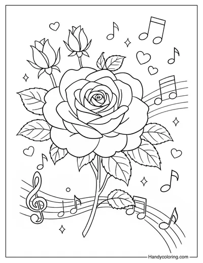 Rose And Music Notes Coloring Page