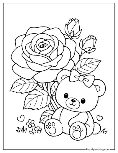 Rose And Teddy Bear Coloring Page