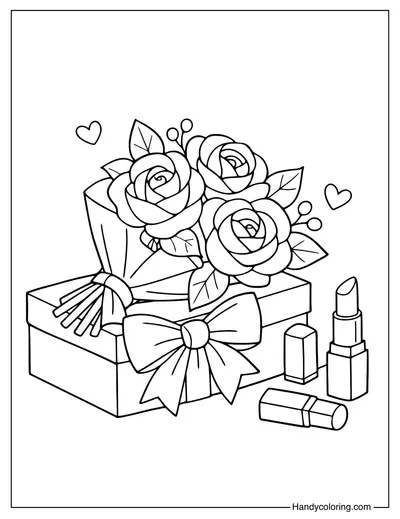 Rose Bouquet On Gift Box Coloring Page