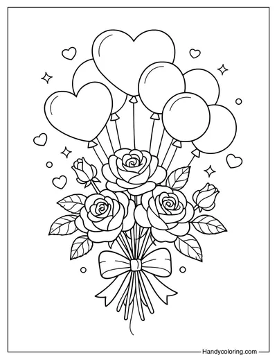Rose Bouquet With Heart Balloons Coloring Page