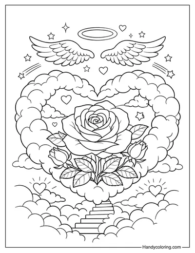 Rose In Cloud Heart Coloring Page