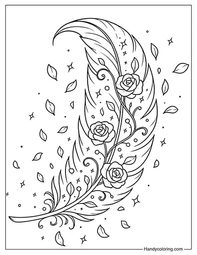 Rose Whispers Feather Coloring Page