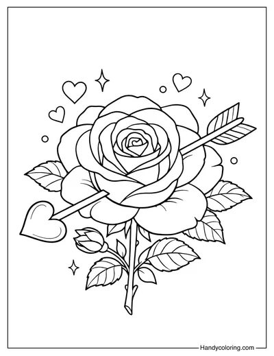 Rose With Cupid Arrow Coloring Page