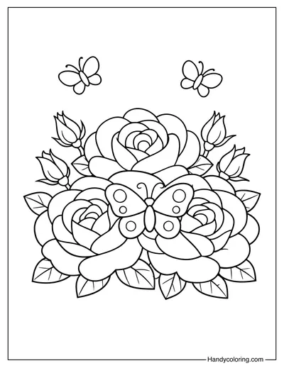 Roses and Butterfly Coloring Page