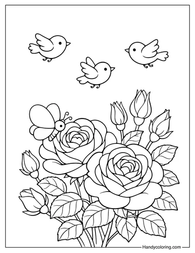 Roses With Birds Coloring Page