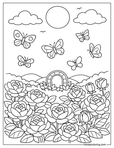 Roses With Butterflies At Sunset Coloring Page