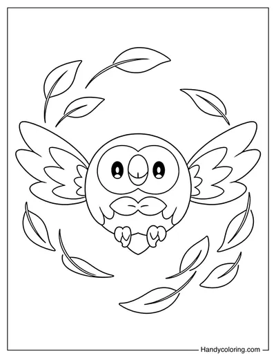 Rowlet Flying with Falling Leaves