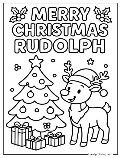 Rudolph and Christmas Tree Coloring Page