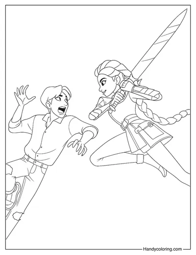 Rumi Attacking a Demon with Her Sword