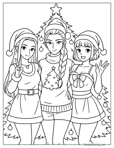 Rumi, Mira, and Zoey Posing by a Christmas Tree