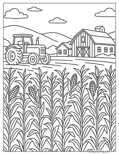 Rural America with Cornfield Coloring Page