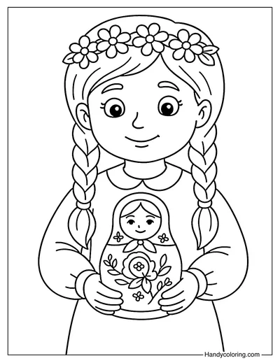 Russian Girl Holding Matryoshka Set Coloring Page