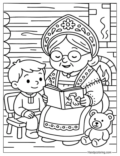 Russian Grandma and Boy Coloring Page