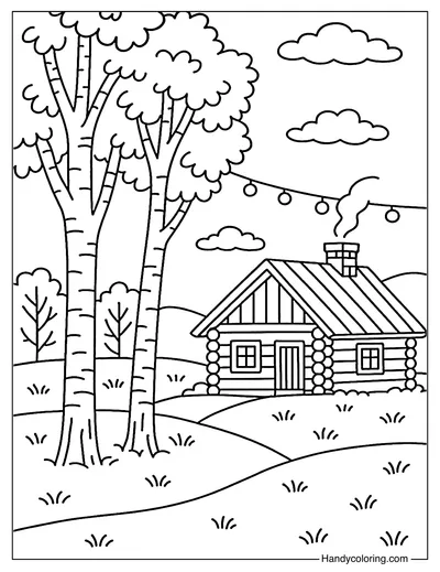 Russian Village with Birch Trees Coloring Page