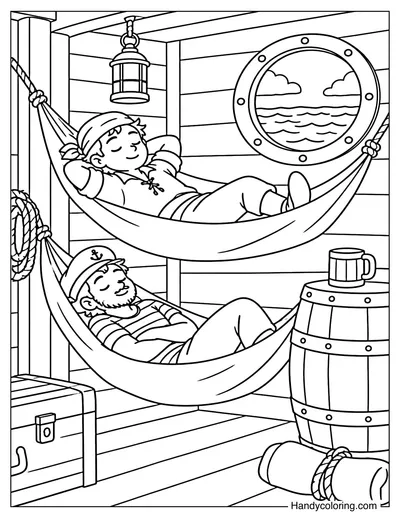 Sailors Resting in Hammocks Below Deck