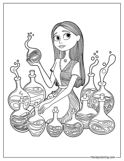 Sally and Potion Bottles Coloring Page