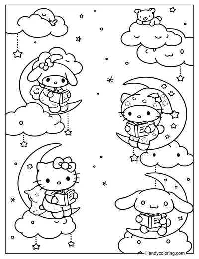 Sanrio on Moon and Clouds Coloring Page