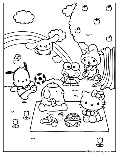 Sanrio Picnic Under the Rainbow Coloring Page