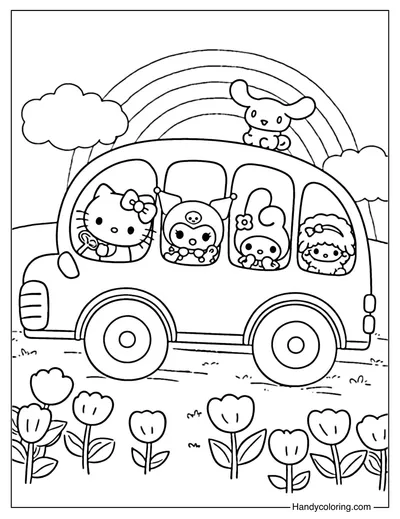 Sanrio with Bus and Rainbow Coloring Page