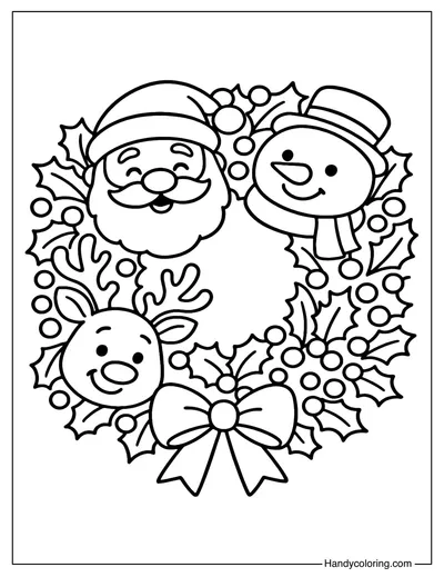 Santa and Friends Wreath Coloring Page