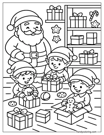 Santa and Little Elves Coloring Page