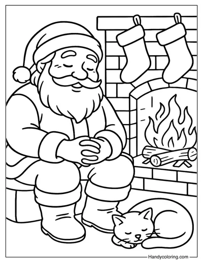 Santa by the Fireplace Coloring Page
