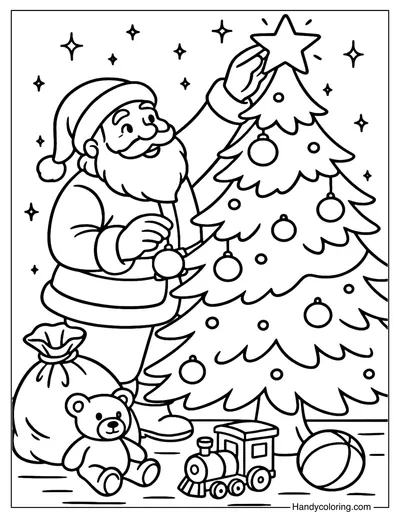 Santa Decorating Christmas Tree Coloring Page