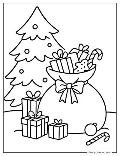 Santa Gift Sack under Christmas Tree Coloring Page
