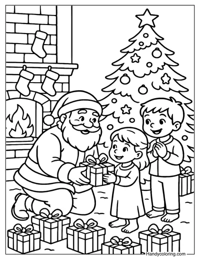 Santa Giving Presents to Kids Coloring Page