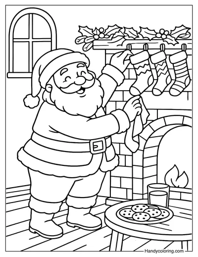 Santa Hanging Stockings Coloring Page