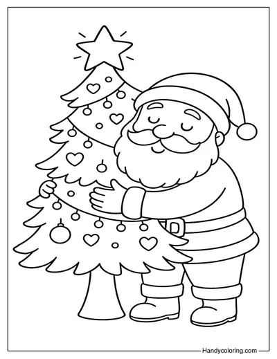 Santa Hugging Christmas Tree Coloring Page