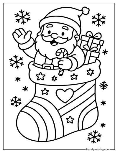 Santa in Christmas Stockings Coloring Page