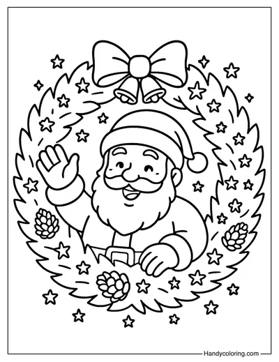 Santa in Christmas Wreath Coloring Page