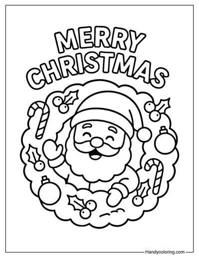 Santa Merry Christmas Wreath Coloring Page