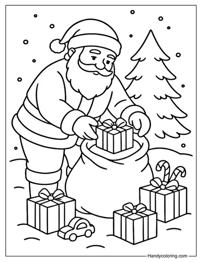 Santa Packing Gifts into His Sack Coloring Page