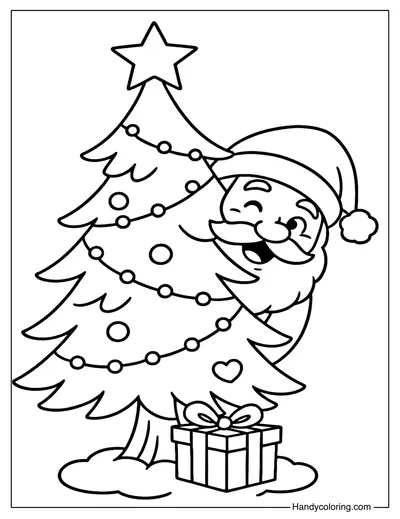 Santa Peekaboo Christmas Tree Coloring Page