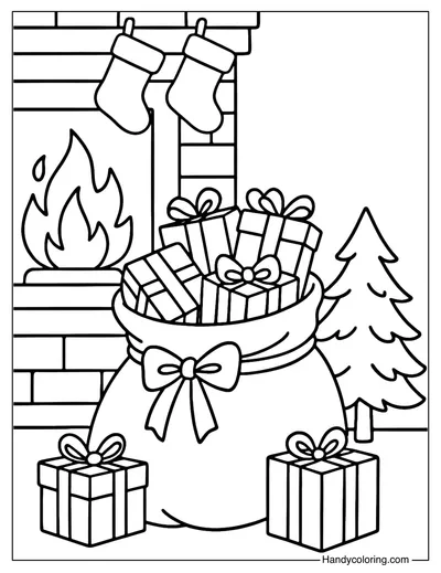 Santa Sack by the Fireplace Coloring Page