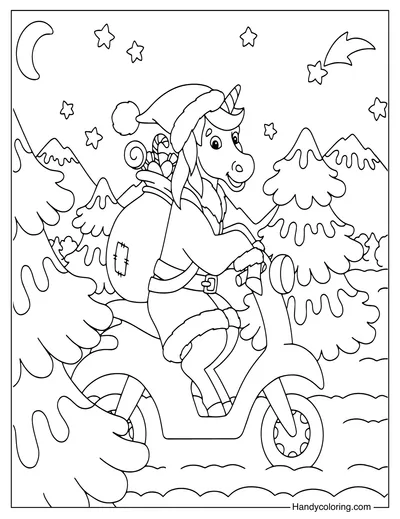 Santa Unicorn on a Motorcycle Coloring