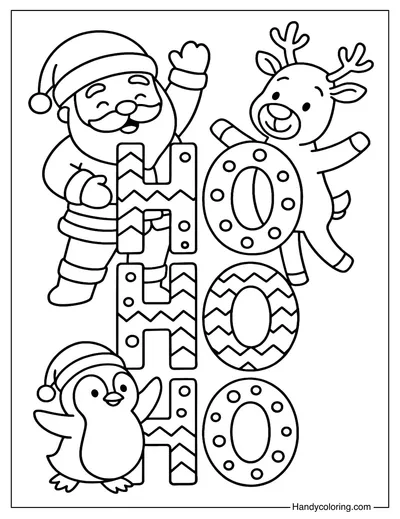 Santa with Penguin and Reindeer Coloring Page
