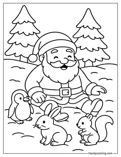 Santa with Winter Animals Coloring Page