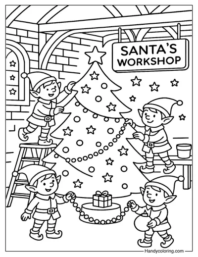 Santa Workshop Christmas Tree Coloring Page