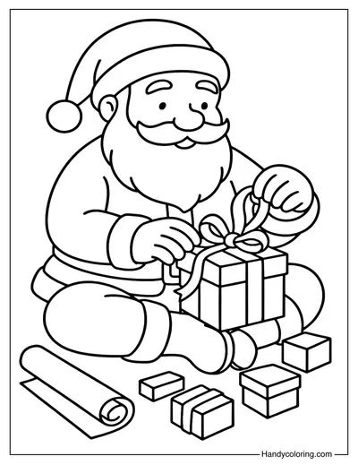 Santa Wrapping Presents Coloring Page