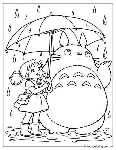Satsuki Standing with Totoro Under an Umbrella