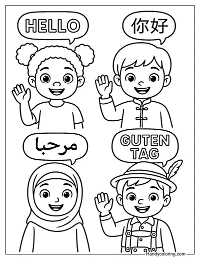 Say Hello Around the World Coloring Page