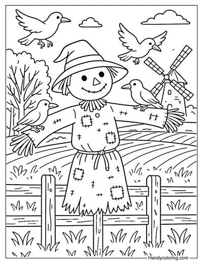 Scarecrow and Crows Coloring Page