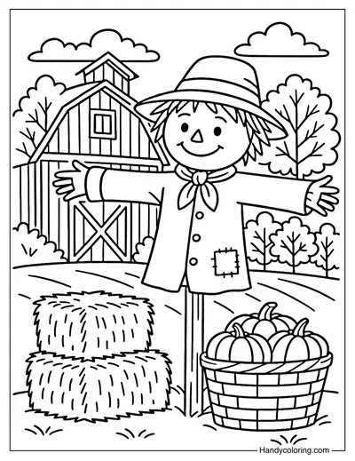Scarecrow by the Barn Coloring Page