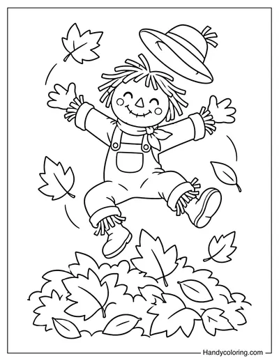 Scarecrow Jumping into Autumn Leaves
