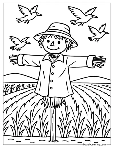 Scarecrow with Crows Coloring Page